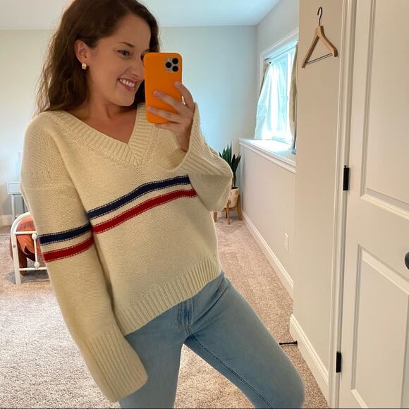 TOMORROWLAND Cream Blue Red Striped Wool V Neck Sweater Small - Picture 7 of 16